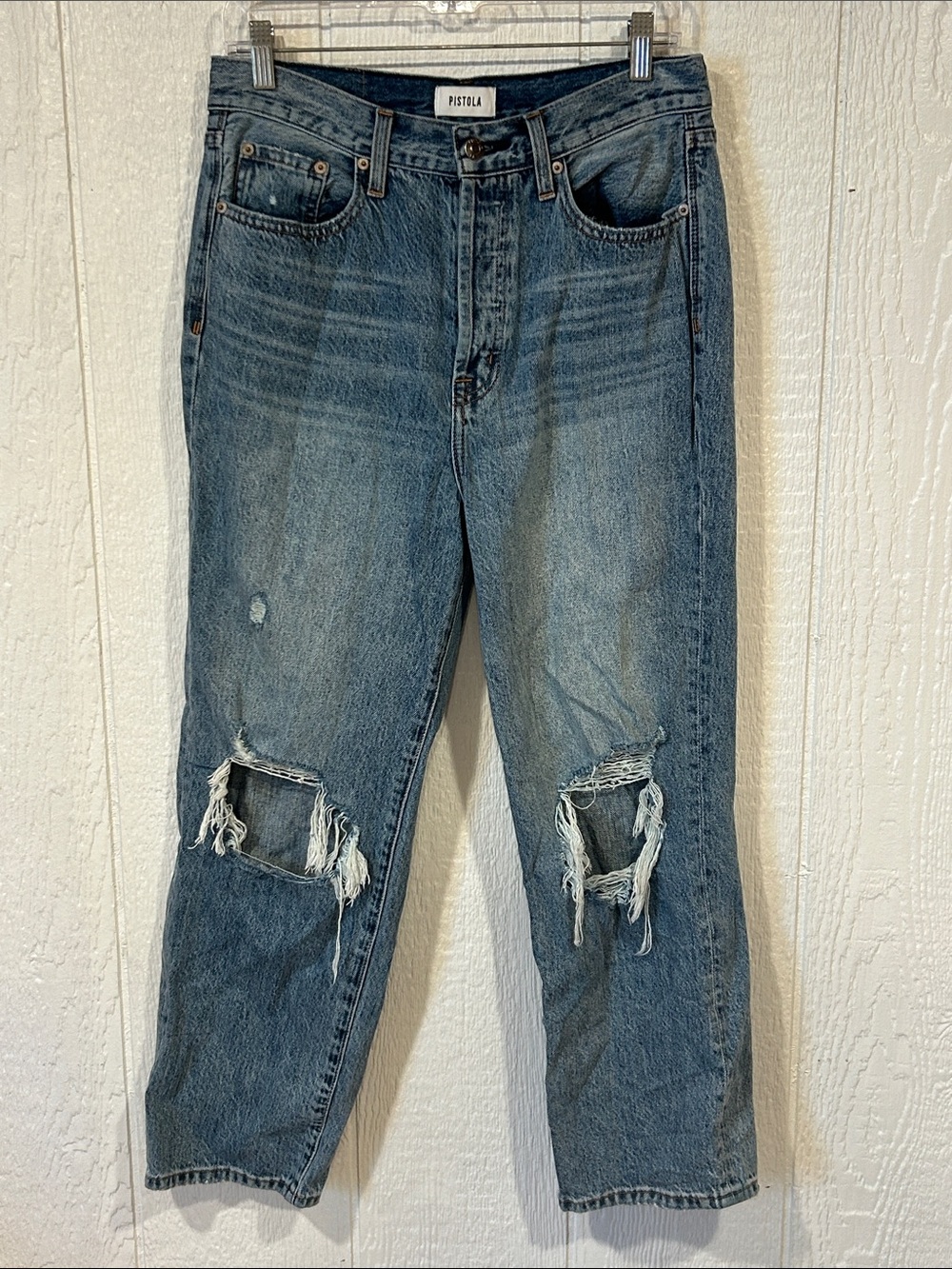 pistola faded blue ripped knee straight-leg jeans